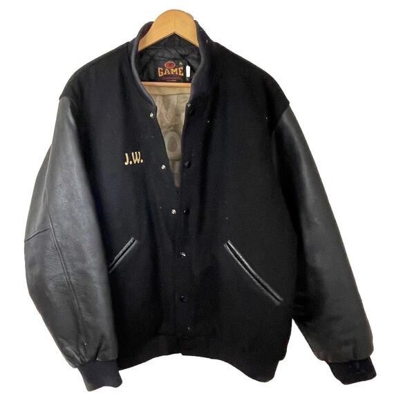 VTG 80s Varsity Letterman Wool/Leather Bomber Jacket Floor Sanding Trade Men XL - Picture 5 of 14